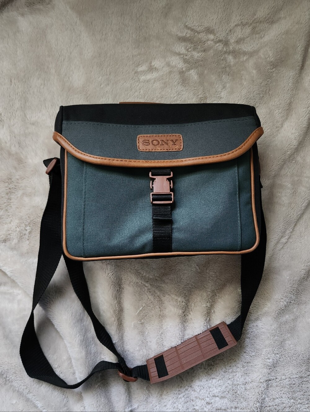 Vintage Sony Green Canvas Camera Bag with Brown Trim